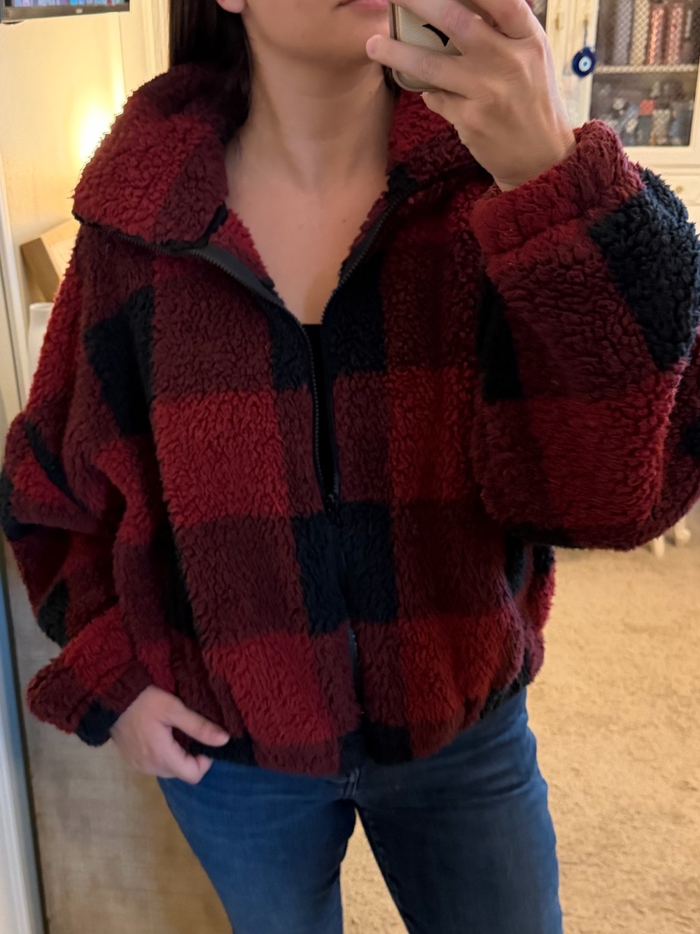 SO Red and Black Plaid Sherpa Half-Zip Jacket